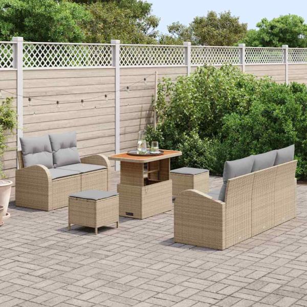 8-teilige Garten Sofa Set mit Kissen Beige Poly Rattan Akazie, 2-Sitzer Garten Sofa mit Kissen Beige Poly Rattan, 3-teilige Garten Essgruppe mit Kissen Beige Poly Rattan Akazie