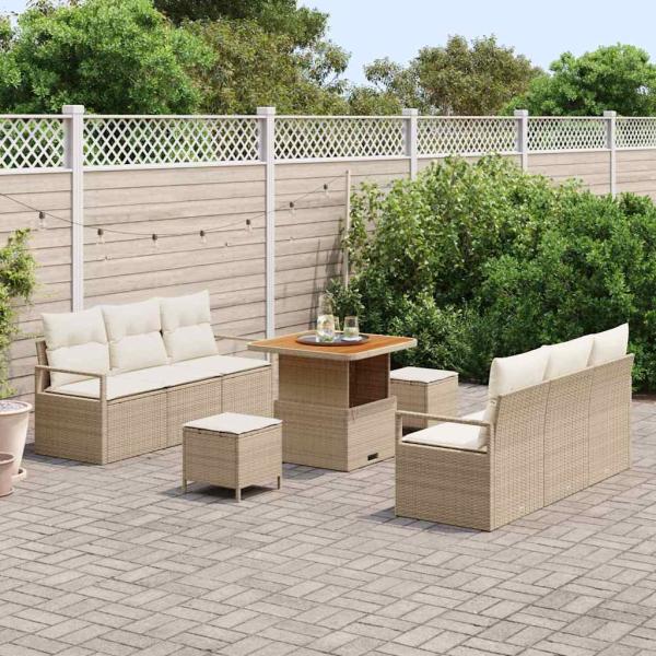 9-teiliges Garten-Sofa-Set mit Kissen Beige Poly-Rattan Akazie, 2-Sitzer Garten-Sofa mit Kissen Beige Poly-Rattan, 3-teiliges Garten-Esszimmer-Set mit Kissen Beige Poly-Rattan Akazie