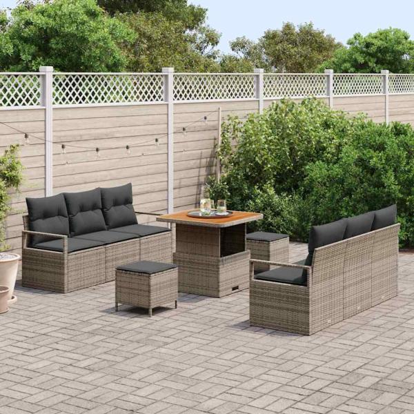 9-teiliges Garten Sofa Set mit Kissen Grau Poly Rattan Akazie, 2-Sitzer Garten Sofa mit Kissen Grau Poly Rattan, 3-teiliges Garten EssSet mit Kissen Grau Poly Rattan Akazie