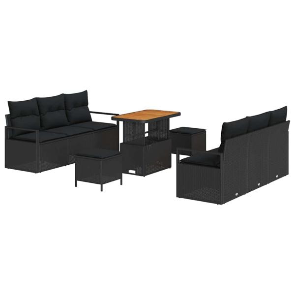 9-teiliges Garten-Sofa-Set mit Kissen Schwarz Poly-Rattan Akazie, 2-Sitzer Garten-Sofa mit Kissen Schwarz Poly-Rattan, 3-teiliges Garten-Dining-Set mit Kissen Schwarz Poly-Rattan Akazie