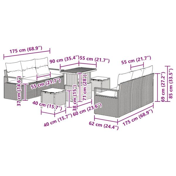 9-teiliges Garten-Sofa-Set mit Kissen Beige Poly Rattan Akazie, 2-Sitzer Garten-Sofa mit Kissen Beige Poly Rattan, 3-teiliges Garten-Dining-Set mit Kissen Beige Poly Rattan Akazie