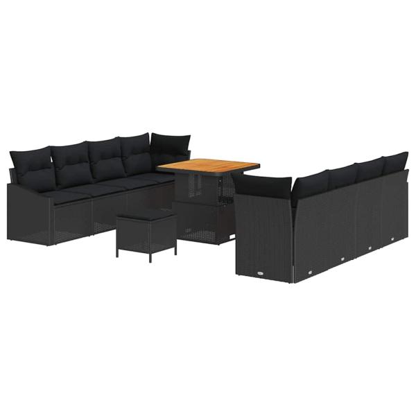 11-teiliges Garten Sofa Set mit Kissen Schwarz Poly Rattan Akazie, 2-Sitzer Garten Sofa mit Kissen Schwarz Poly Rattan, 3-teiliges Garten Esstisch Set mit Kissen Schwarz Poly Rattan Akazie