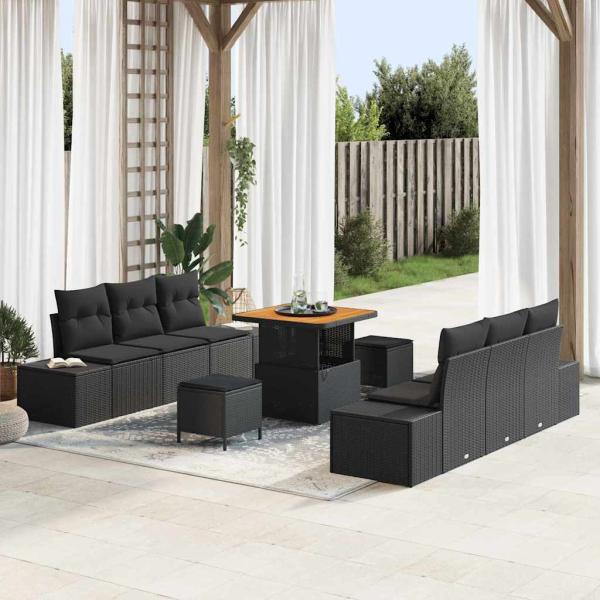 ARDEBO.de - 9-teiliges Garten-Sofaset mit Kissen Schwarz Poly-Rattan Akazie, 2-Sitzer Garten-Sofa mit Kissen Schwarz Poly-Rattan, 3-teiliges Garten-Dining-Set mit Kissen Schwarz Poly-Rattan Akazie