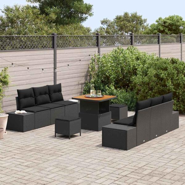 9-teiliges Garten-Sofaset mit Kissen Schwarz Poly-Rattan Akazie, 2-Sitzer Garten-Sofa mit Kissen Schwarz Poly-Rattan, 3-teiliges Garten-Dining-Set mit Kissen Schwarz Poly-Rattan Akazie