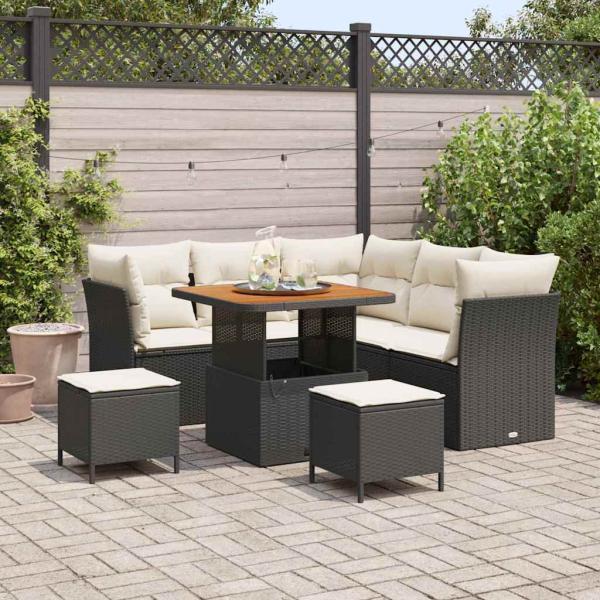ARDEBO.de - 8-teiliges Garten-Sofa-Set mit Kissen Schwarz Poly Rattan Akazie, 3-teiliges Garten-Esszimmer-Set mit Kissen Schwarz Poly Rattan Akazie