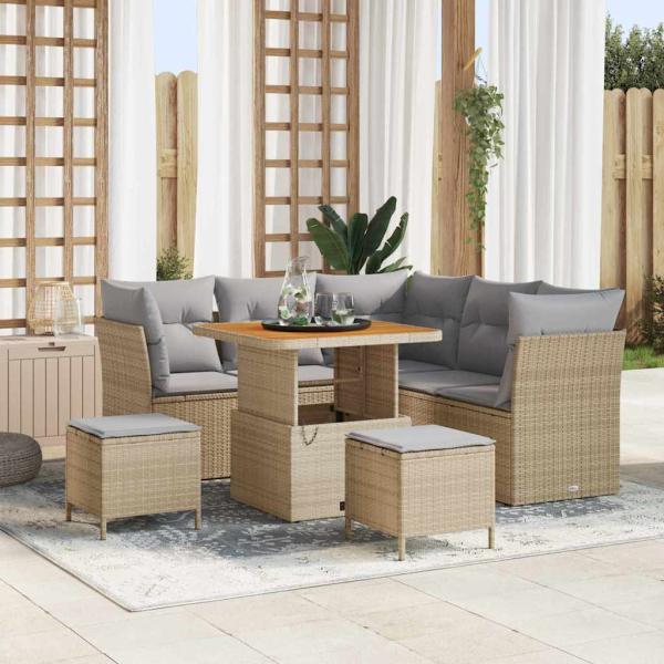 ARDEBO.de - 8-teiliges Garten Sofa Set mit Kissen Beige Poly-Rattan Akazie, 3-teiliges Garten Essset mit Kissen Beige Poly-Rattan Akazie