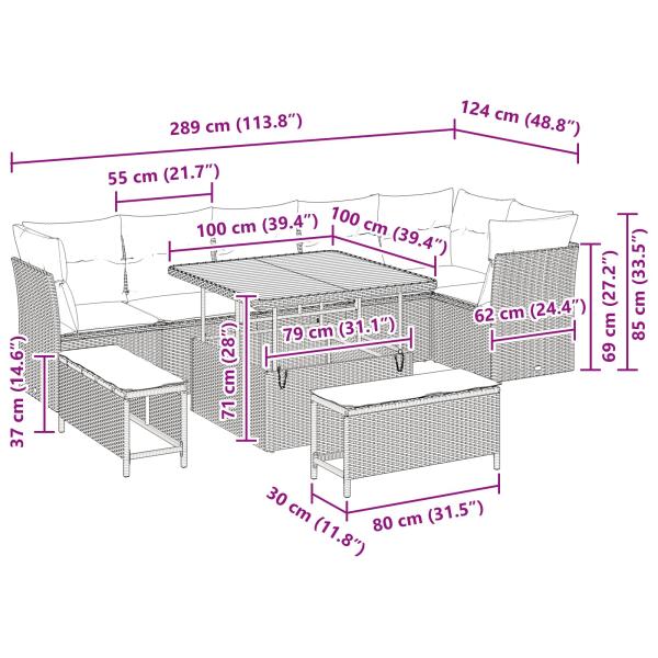 9-teiliges Garten Sofa Set mit Kissen Schwarz Poly Rattan Akazie, 3-teilige Garten Essgruppe mit Kissen Schwarz Poly Rattan Akazie