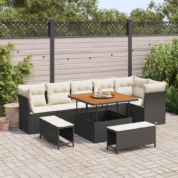 ARDEBO.de - 9-teiliges Garten Sofa Set mit Kissen in Schwarz aus Poly Rattan und Akazie, 3-teiliges Garten Essenset mit Kissen in Schwarz aus Poly Rattan und Akazie