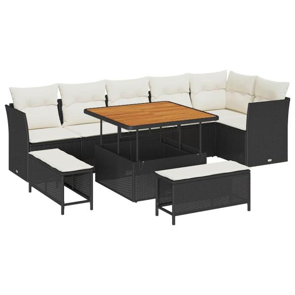 9-teiliges Garten Sofa Set mit Kissen in Schwarz aus Poly Rattan und Akazie, 3-teiliges Garten Essenset mit Kissen in Schwarz aus Poly Rattan und Akazie