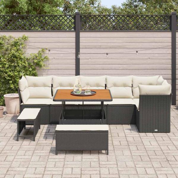 9-teiliges Garten Sofa Set mit Kissen in Schwarz aus Poly Rattan und Akazie, 3-teiliges Garten Essenset mit Kissen in Schwarz aus Poly Rattan und Akazie