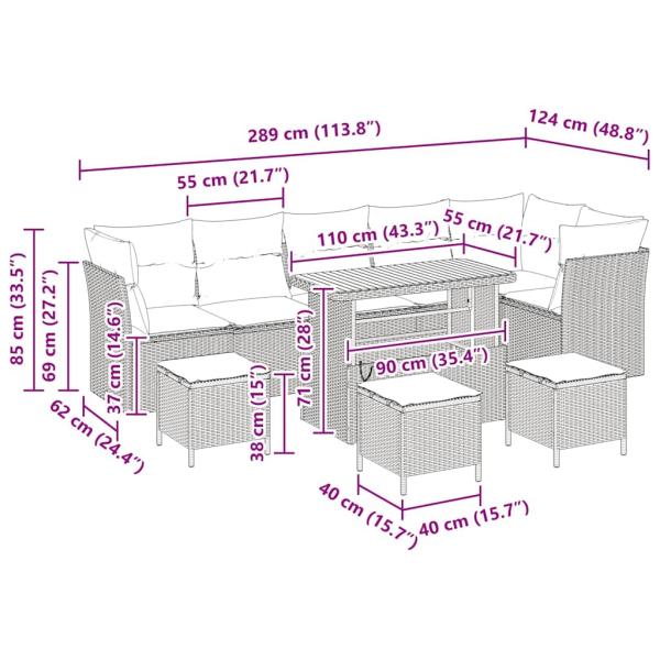10-teiliges Garten Sofa Set mit Kissen Beige Poly Rattan Akazie, 4-teiliges Garten Essset mit Kissen Beige Poly Rattan Akazie