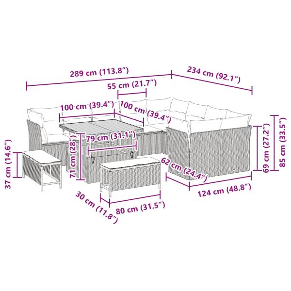 ARDEBO.de - 12-teiliges Garten Sofa Set mit Kissen Schwarz Poly Rattan Akazie, 3-teiliges Garten Essenset mit Kissen Schwarz Poly Rattan Akazie