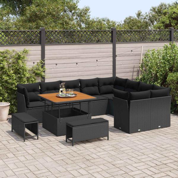 12-teiliges Garten Sofa Set mit Kissen Schwarz Poly Rattan Akazie, 3-teiliges Garten Essenset mit Kissen Schwarz Poly Rattan Akazie