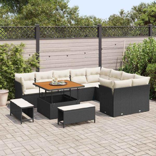 12-teiliges Garten-Sofa-Set mit Kissen Schwarz Poly Rattan Akazie, 3-teiliges Garten-Esszimmer-Set mit Kissen Schwarz Poly Rattan Akazie
