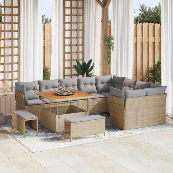 ARDEBO.de - 12-teiliges Garten Sofaset mit Kissen Beige Poly Rattan Akazie, 3-teiliges Garten Essset mit Kissen Beige Poly Rattan Akazie