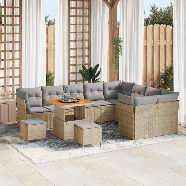 ARDEBO.de - 12-teiliges Garten Sofa Set mit Kissen Beige Poly Rattan Akazie, 3-teiliges Garten Essset mit Kissen Beige Poly Rattan Akazie