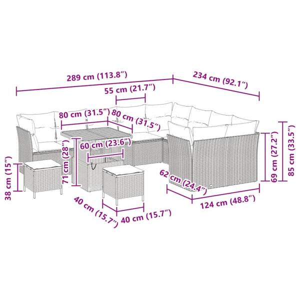 12-teiliges Garten Sofa Set mit Kissen Grau Poly Rattan Akazie, 3-teiliges Garten Essset mit Kissen Grau Poly Rattan Akazie