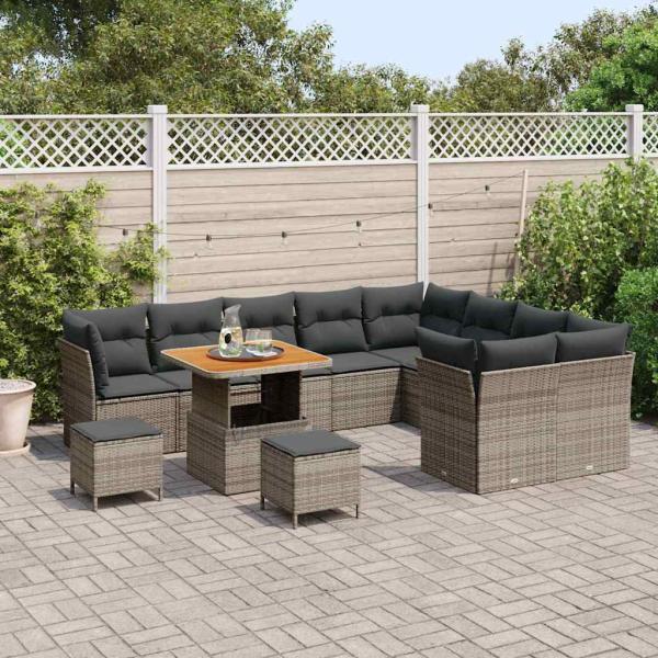 12-teiliges Garten Sofa Set mit Kissen Grau Poly Rattan Akazie, 3-teiliges Garten Essset mit Kissen Grau Poly Rattan Akazie