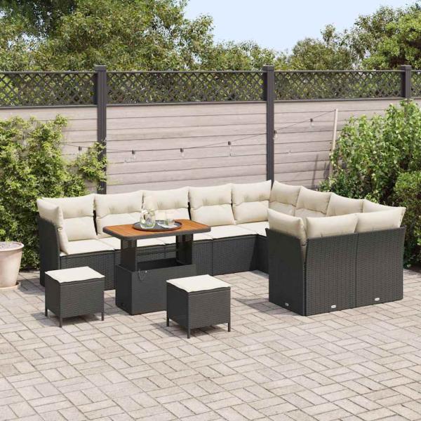 12-teiliges Garten Sofa Set mit Kissen Schwarz Poly Rattan Akazie, 3-teiliges Garten Essset mit Kissen Schwarz Poly Rattan Akazie