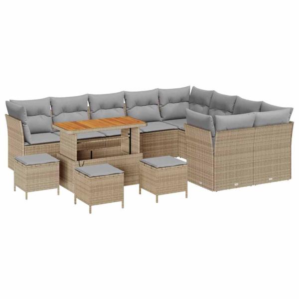 13-teiliges Garten-Sofa-Set mit Kissen Beige Poly-Rattan Akazie, 4-teiliges Garten-Esszimmer-Set mit Kissen Beige Poly-Rattan Akazie