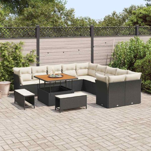13-teiliges Garten-Sofa-Set mit Kissen in Schwarz Poly Rattan Akazie, 3-teiliges Garten-Esszimmer-Set mit Kissen in Schwarz Poly Rattan Akazie