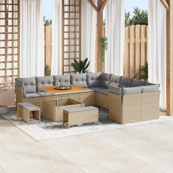 ARDEBO.de - 13-teiliges Garten Sofa Set mit Kissen Beige Poly Rattan Akazie, 3-teiliges Garten Esserset mit Kissen Beige Poly Rattan Akazie