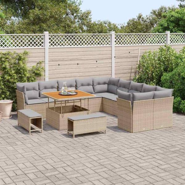 13-teiliges Garten Sofa Set mit Kissen Beige Poly Rattan Akazie, 3-teiliges Garten Esserset mit Kissen Beige Poly Rattan Akazie