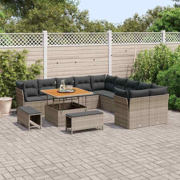13-teiliges Garten-Sofa-Set mit Kissen Grau Poly Rattan Akazie, 3-teiliges Garten-Esszimmer-Set mit Kissen Grau Poly Rattan Akazie
