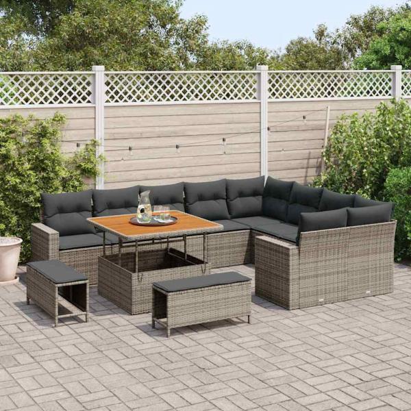 12-teiliges Garten-Sofa-Set mit Kissen Grau Poly Rattan Akazie, 3-teiliges Garten-Ess-Set mit Kissen Grau Poly Rattan Akazie