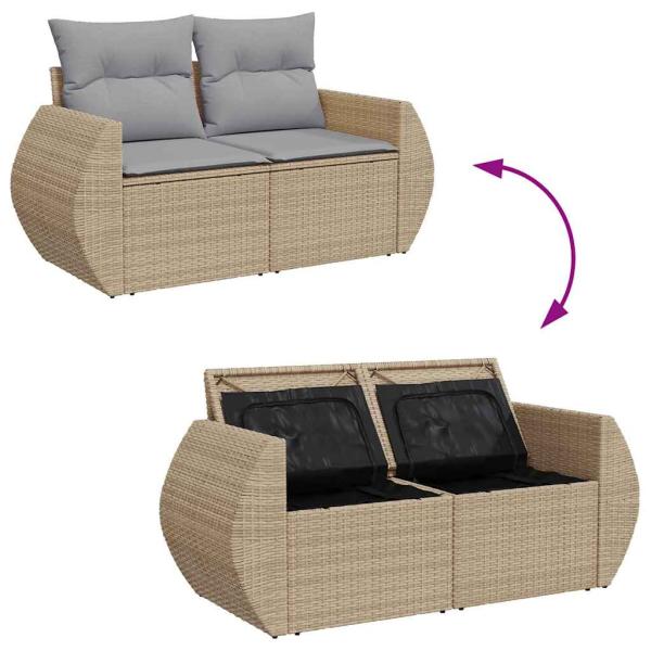 12-teiliges Garten-Sofa-Set mit Kissen Beige Poly-Rattan Akazie, 3-teiliges Garten-Essset mit Kissen Beige Poly-Rattan Akazie