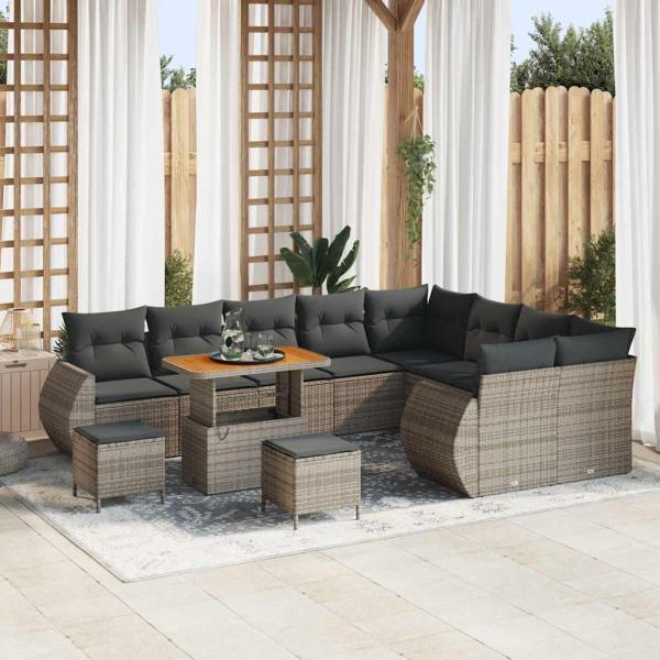 ARDEBO.de - 12-teiliges Garten-Sofa-Set mit Kissen Grau Poly-Rattan Akazie, 3-teiliges Garten-Ess-Set mit Kissen Grau Poly-Rattan Akazie