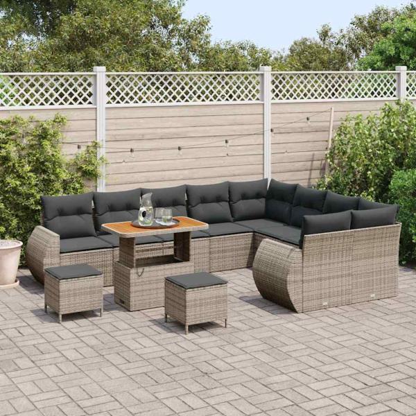 12-teiliges Garten-Sofa-Set mit Kissen Grau Poly-Rattan Akazie, 3-teiliges Garten-Ess-Set mit Kissen Grau Poly-Rattan Akazie