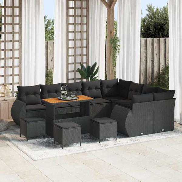 ARDEBO.de - 13-teiliges Garten-Sofa-Set mit Kissen Schwarz Poly Rattan Akazie, 4-teiliges Garten-Ess-Set mit Kissen Schwarz Poly Rattan Akazie
