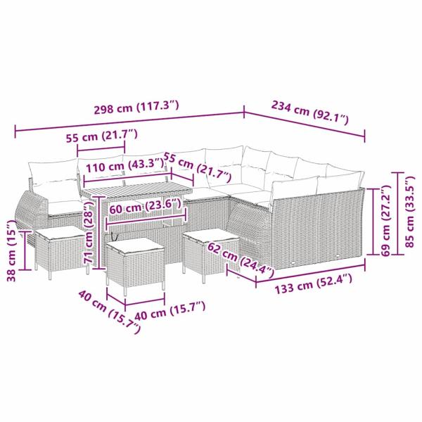 Gartensofa-set mit Kissen 13 pcs Beige und Hellgrau Poly Rattan