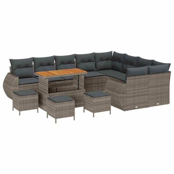 13-teiliges Garten-Sofa-Set mit Kissen Grau Poly-Rattan Akazie, 4-teiliges Garten-Ess-Set mit Kissen Grau Poly-Rattan Akazie