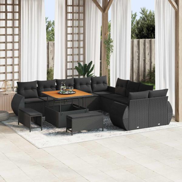 ARDEBO.de - 13-teiliges Garten Sofa Set mit Kissen Schwarz Poly Rattan Akazie, 3-teiliges Garten Essgruppe mit Kissen Schwarz Poly Rattan Akazie