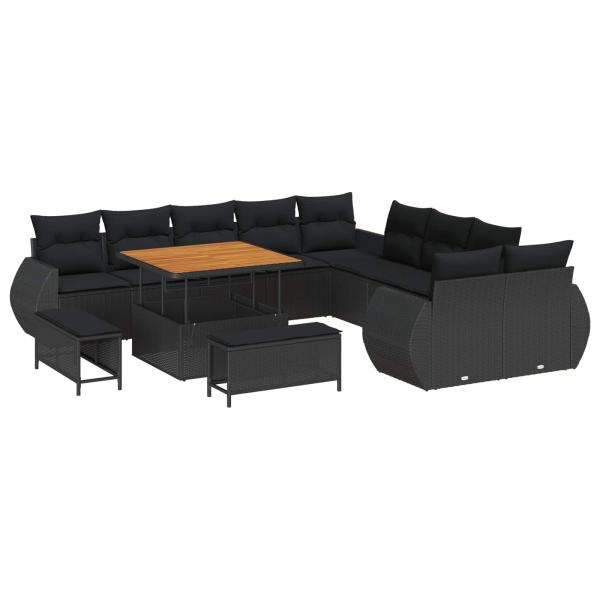 13-teiliges Garten Sofa Set mit Kissen Schwarz Poly Rattan Akazie, 3-teiliges Garten Essgruppe mit Kissen Schwarz Poly Rattan Akazie