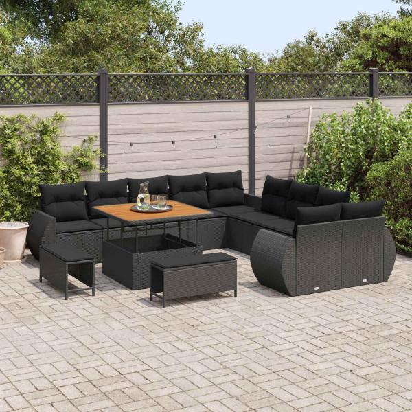 13-teiliges Garten Sofa Set mit Kissen Schwarz Poly Rattan Akazie, 3-teiliges Garten Essgruppe mit Kissen Schwarz Poly Rattan Akazie