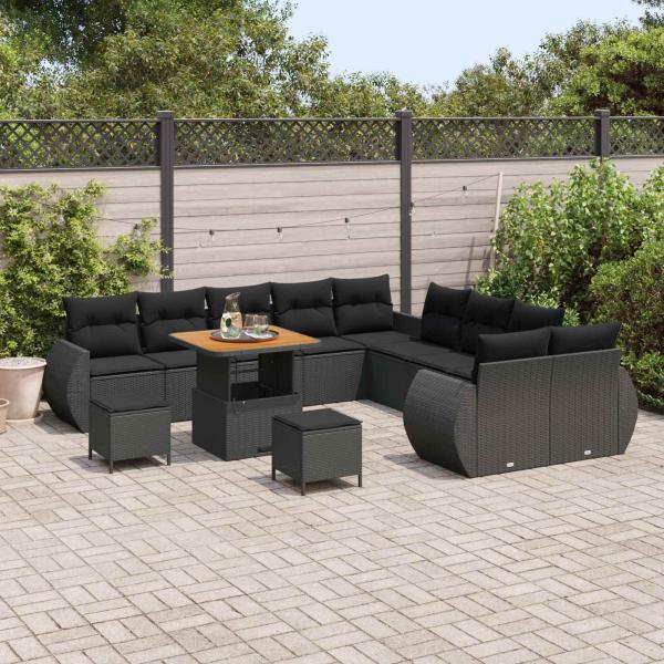 13-teiliges Garten-Sofa-Set mit Kissen Schwarz Poly Rattan Akazie, 3-teiliges Garten-Esszimmer-Set mit Kissen Schwarz Poly Rattan Akazie