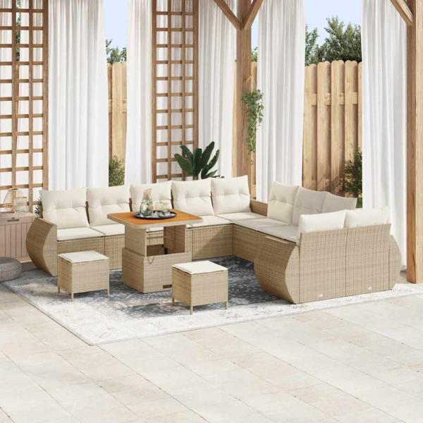 ARDEBO.de - 13-teilige Garten Sofa Set mit Kissen Beige Poly Rattan Akazie, 3-teiliges Garten Esszimmer Set mit Kissen Beige Poly Rattan Akazie