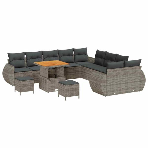 13-teiliges Garten-Sofa-Set mit Kissen Grau Poly Rattan, 3-teiliges Garten-Ess-Set mit Kissen Grau Poly Rattan