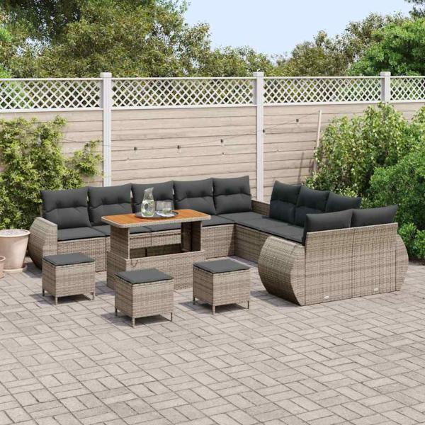 14-teilige Garten Sofaset mit Kissen Grau Poly Rattan Akazie, 4-teiliges Garten Essset mit Kissen Grau Poly Rattan Akazie