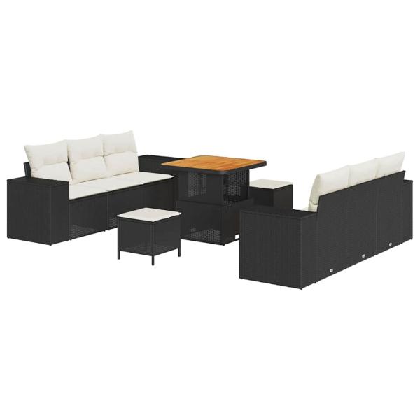 9-teiliges Garten-Sofa-Set mit Kissen in Schwarz, Poly Rattan, Akazie, 3-teiliges Garten-Ess-Set mit Kissen in Schwarz, Poly Rattan, Akazie