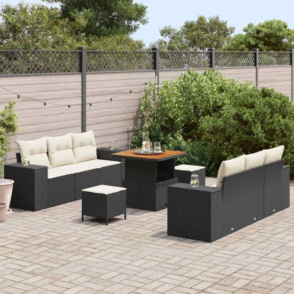 9-teiliges Garten-Sofa-Set mit Kissen in Schwarz, Poly Rattan, Akazie, 3-teiliges Garten-Ess-Set mit Kissen in Schwarz, Poly Rattan, Akazie