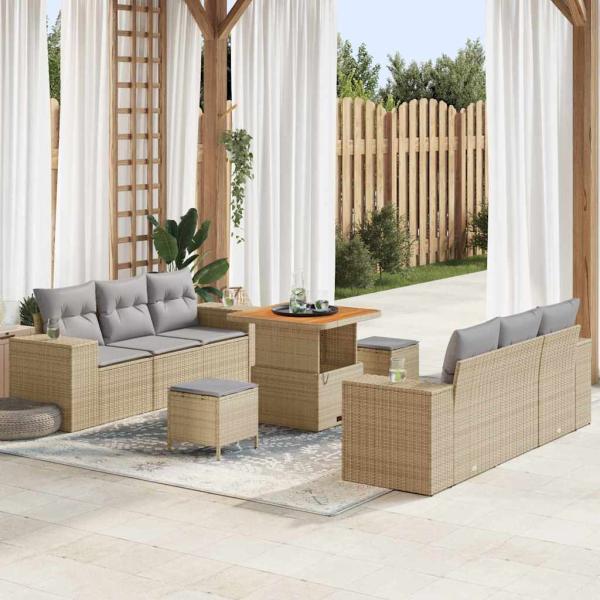 ARDEBO.de - 9-teiliges Garten Sofa Set mit Kissen Beige Poly Rattan Akazie, 3-teilige Garten Essgruppe mit Kissen Beige Poly Rattan Akazie