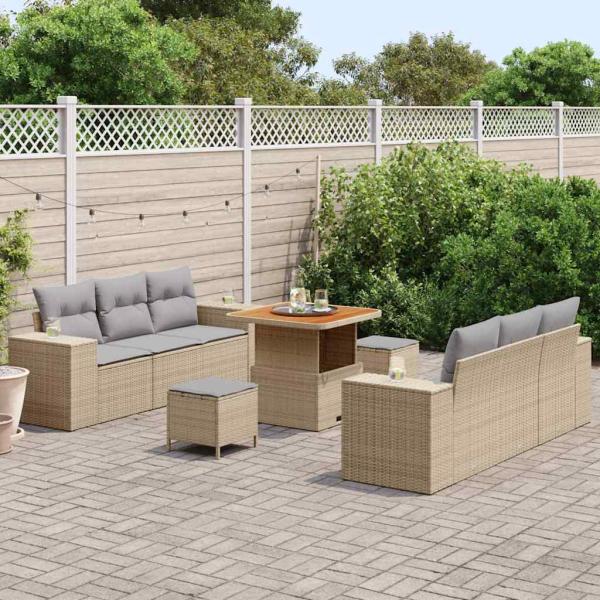 9-teiliges Garten Sofa Set mit Kissen Beige Poly Rattan Akazie, 3-teilige Garten Essgruppe mit Kissen Beige Poly Rattan Akazie