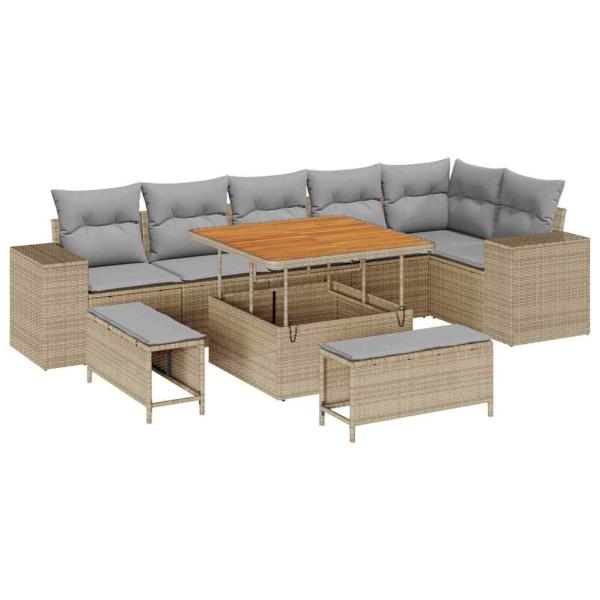 9-teiliges Garten Sofa Set mit Kissen, Beiges Poly-Rattan, Akazie, 3-teiliges Garten Esstisch Set mit Kissen, Beiges Poly-Rattan, Akazie
