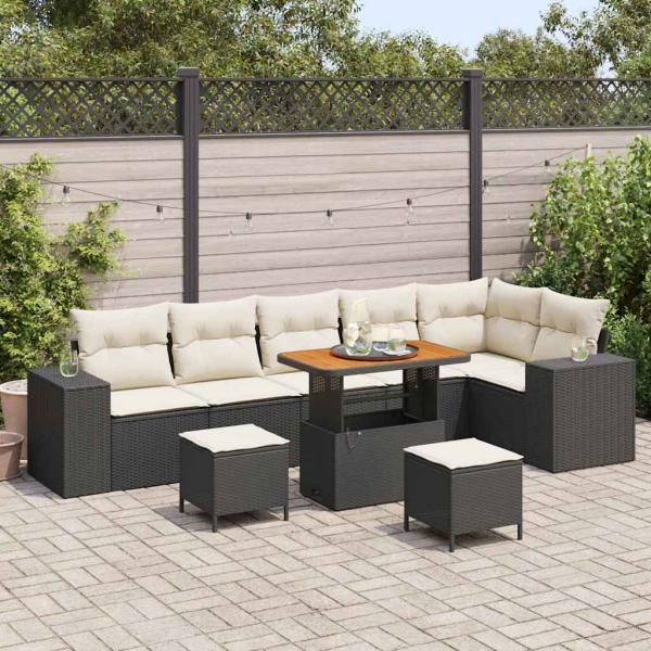 ARDEBO.de - 9-teiliges Garten Sofa Set mit Kissen schwarzes Poly-Rattan Akazie, 3-teiliges Garten Essset mit Kissen schwarzes Poly-Rattan Akazie