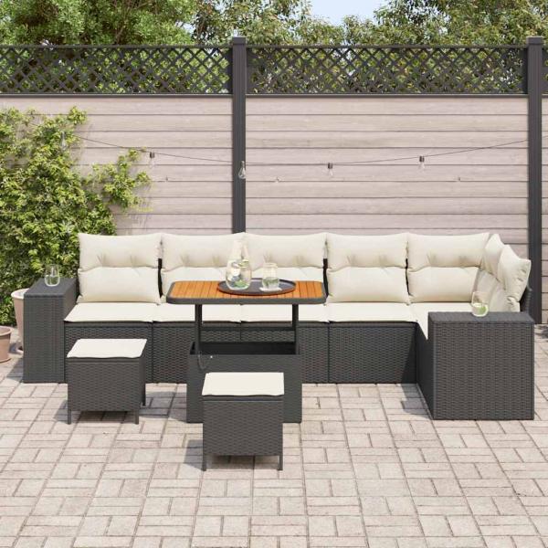 9-teiliges Garten Sofa Set mit Kissen schwarzes Poly-Rattan Akazie, 3-teiliges Garten Essset mit Kissen schwarzes Poly-Rattan Akazie