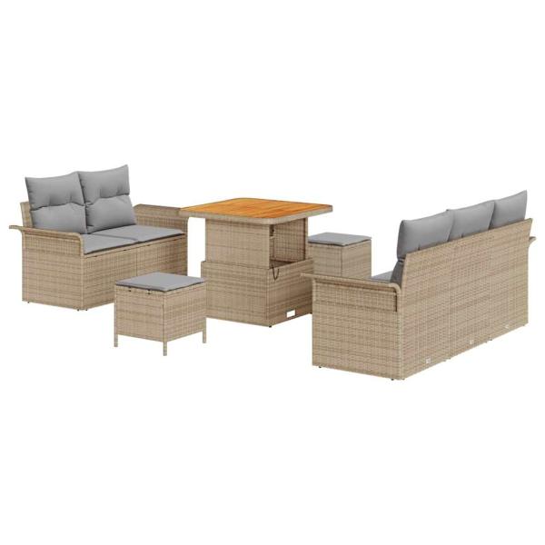 8-teiliges Garten Sofa Set mit Kissen Beige Poly Rattan Akazie, 2-Sitzer Garten Sofa mit Stauraum & Kissen Beige Poly Rattan, 3-teiliges Garten Ess-Set mit Kissen Beige Poly Rattan Akazie